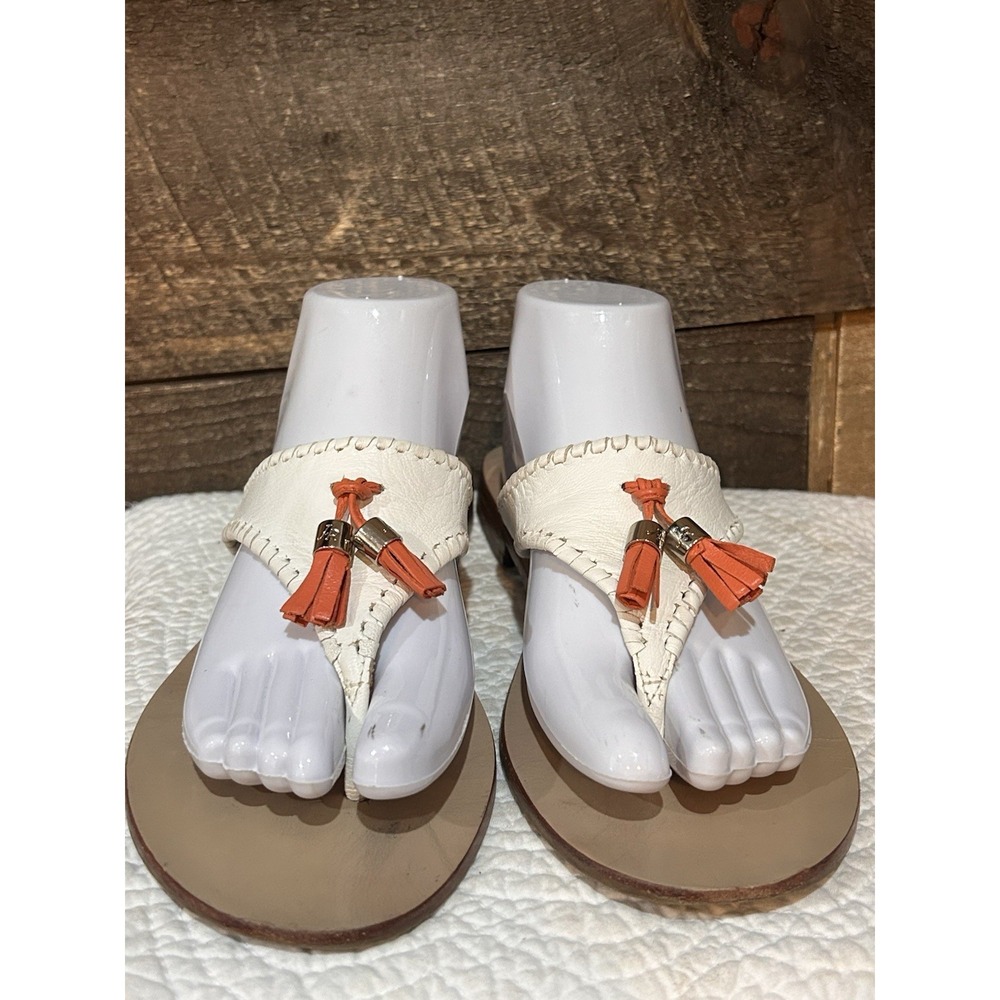 Jack Rogers White Leather Alana Thong Sandals with Orange Tassels Sz 9.5
